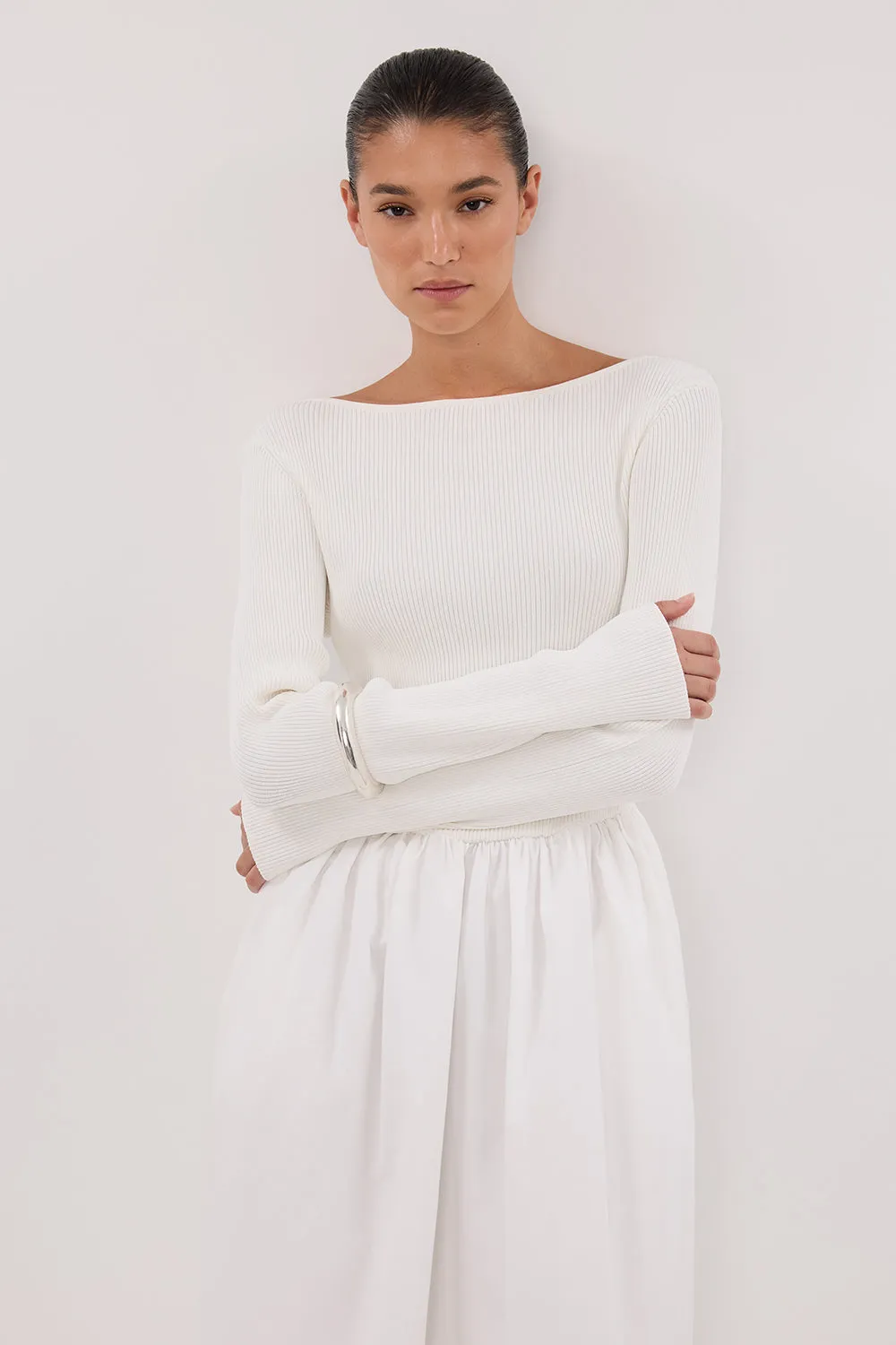 Dissh ABIGAIL WHITE HYBRID LONG SLEEVE MIDI DRESS