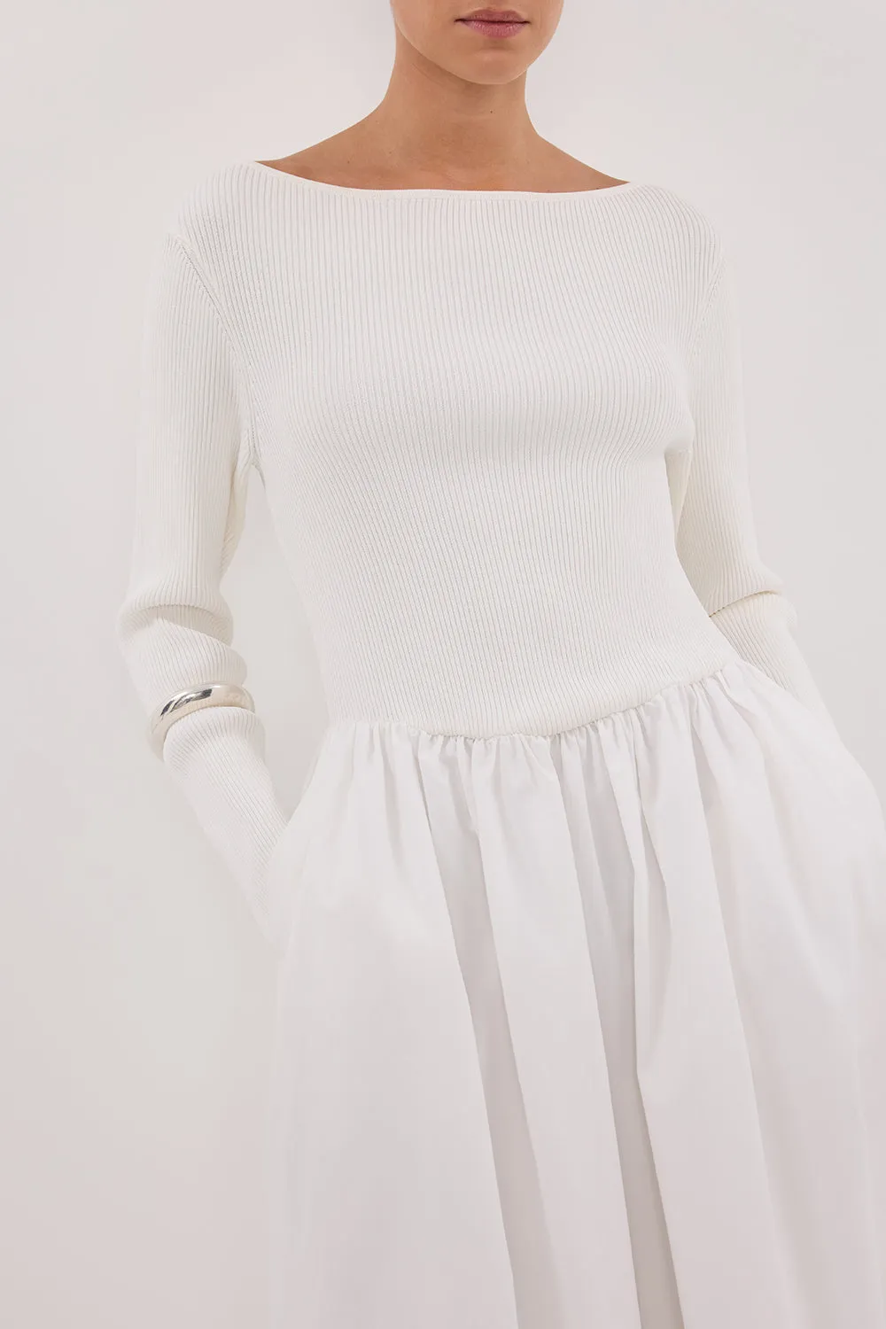 Dissh ABIGAIL WHITE HYBRID LONG SLEEVE MIDI DRESS