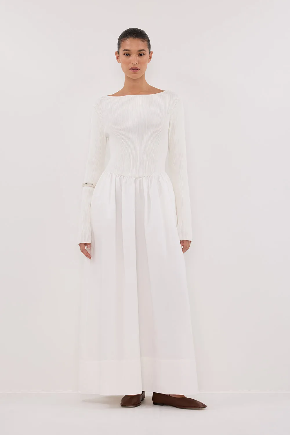 Dissh ABIGAIL WHITE HYBRID LONG SLEEVE MIDI DRESS