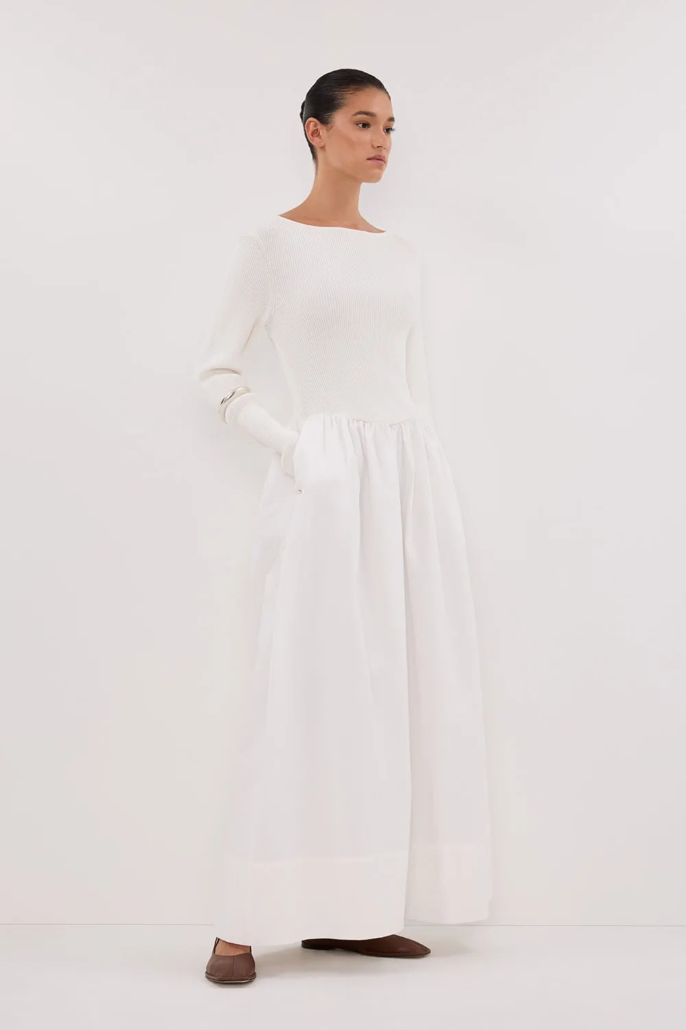 Dissh ABIGAIL WHITE HYBRID LONG SLEEVE MIDI DRESS