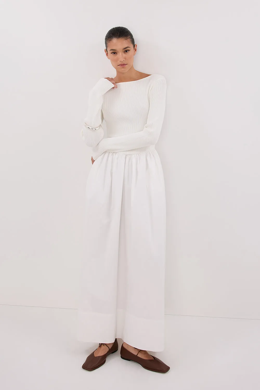 Dissh ABIGAIL WHITE HYBRID LONG SLEEVE MIDI DRESS