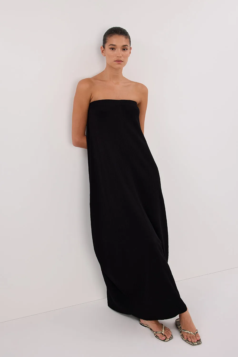 Dissh ALIAS BLACK TEXTURED KNIT STRAPLESS MIDI DRESS