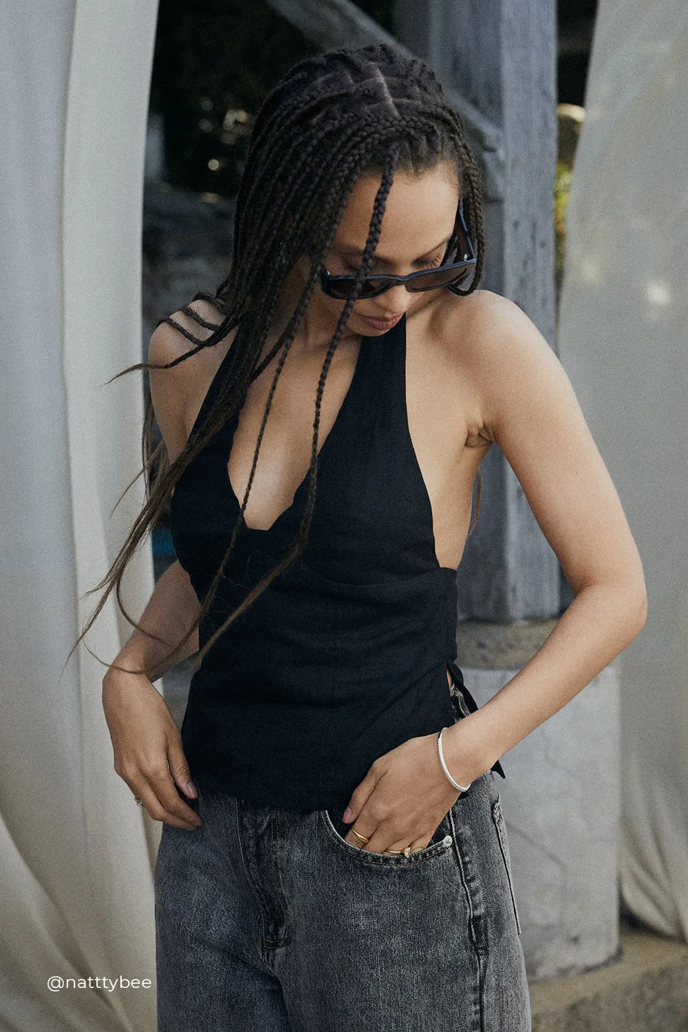 Dissh AUDREY BLACK LINEN HALTER TOP