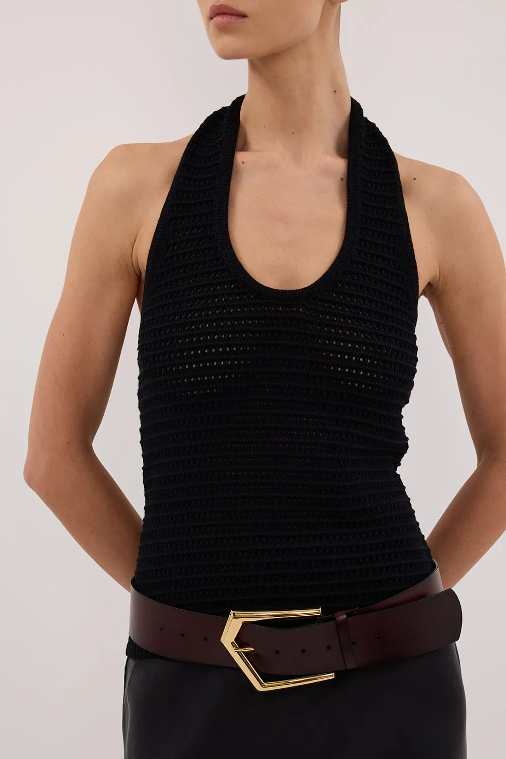 Dissh GINA BLACK HALTER CROCHET TOP