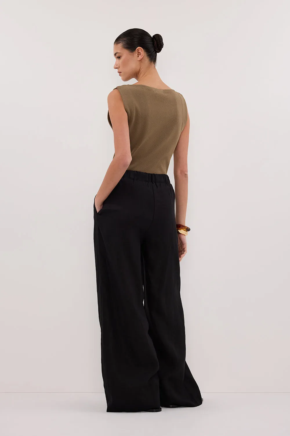 Dissh GINA BLACK LINEN ELASTIC WAIST PANT