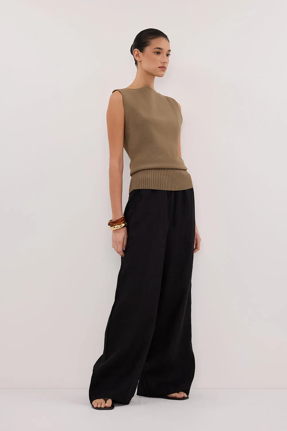Dissh GINA BLACK LINEN ELASTIC WAIST PANT