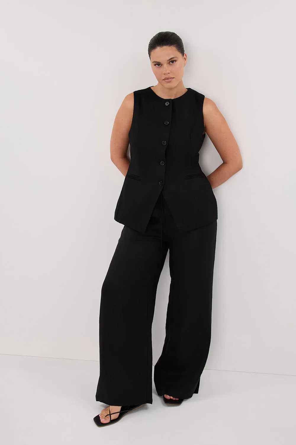 Dissh GINA BLACK LINEN ELASTIC WAIST PANT