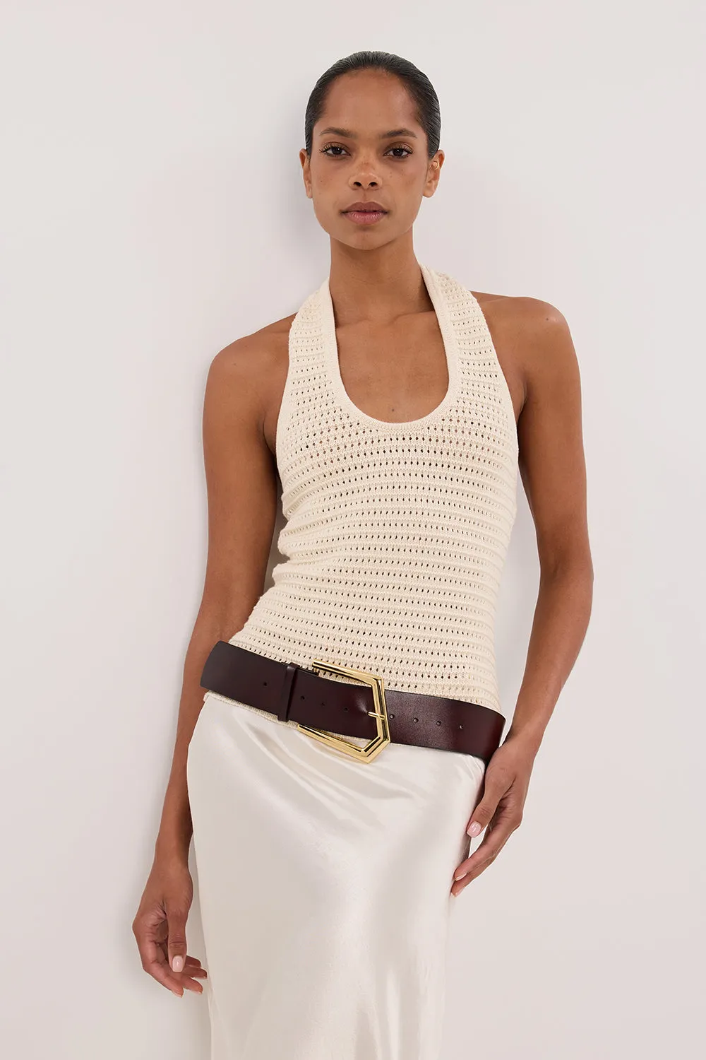 Dissh GINA CREAM HALTER CROCHET TOP