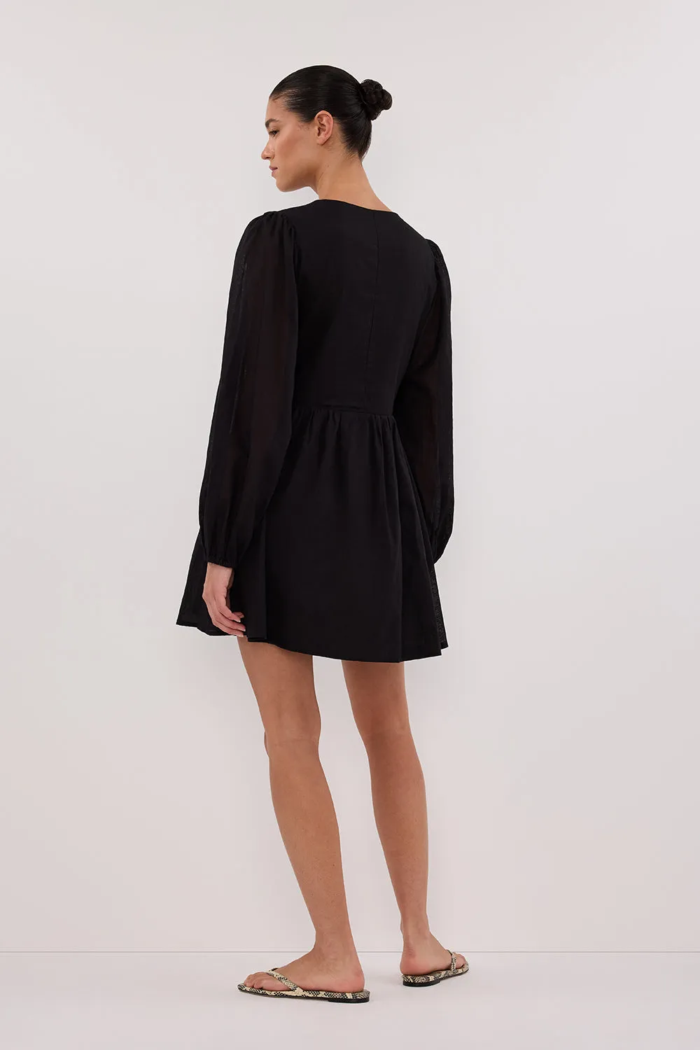 Dissh LARS BLACK BUTTON SLEEEVED LINEN MINI DRESS