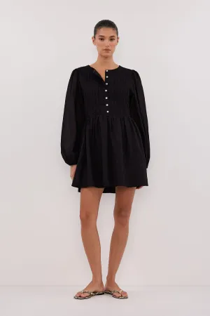 Dissh LARS BLACK BUTTON SLEEEVED LINEN MINI DRESS