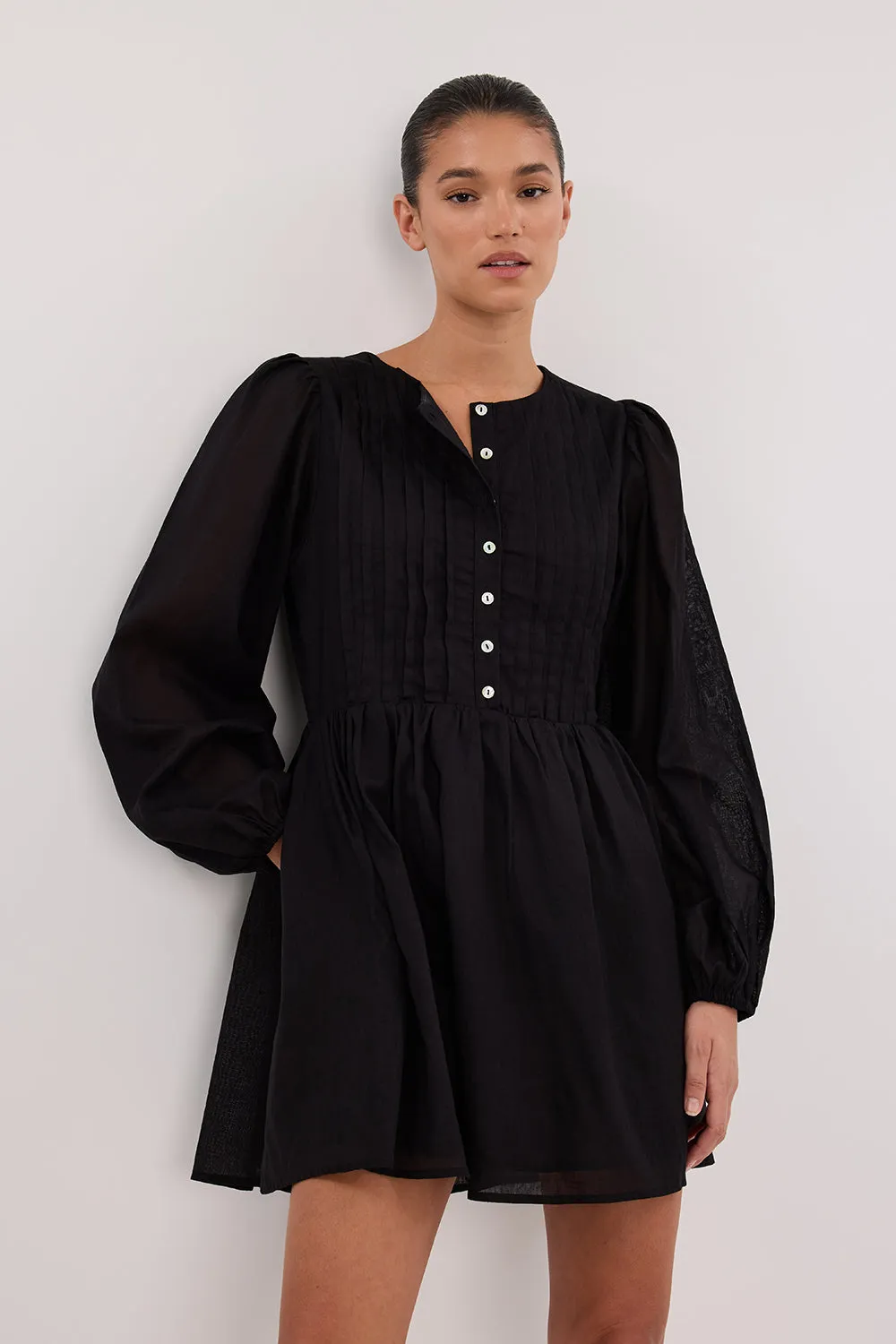 Dissh LARS BLACK BUTTON SLEEEVED LINEN MINI DRESS