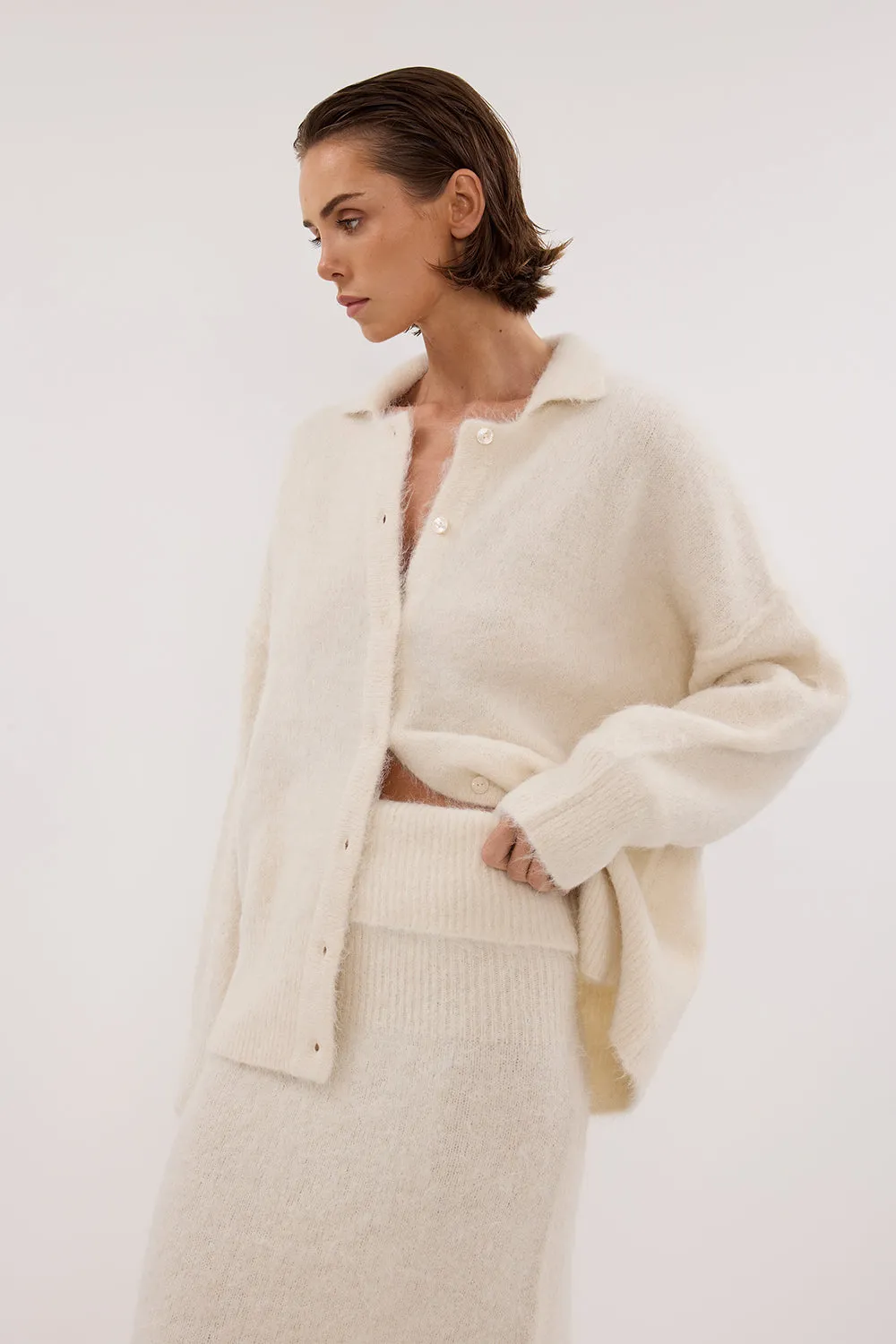Dissh SALMA IVORY POLO NECK KNIT CARDIGAN