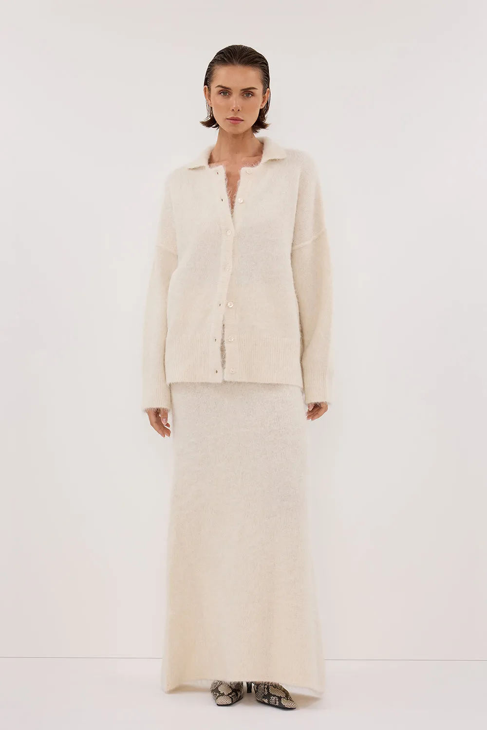 Dissh SALMA IVORY POLO NECK KNIT CARDIGAN