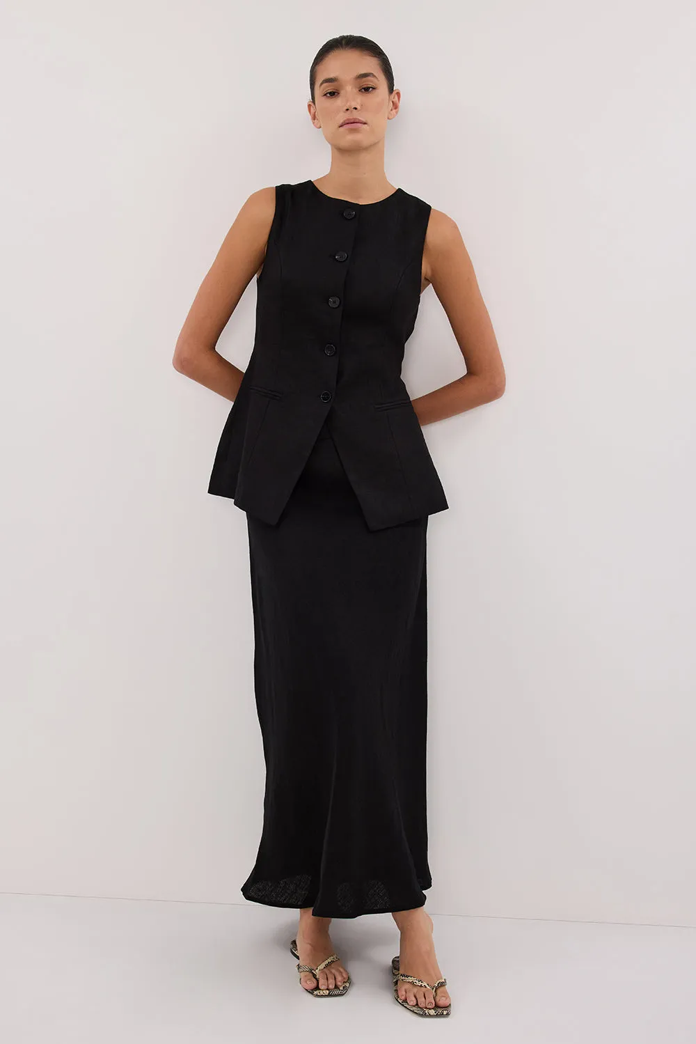 Dissh TYRA BLACK LINEN MIDI SKIRT