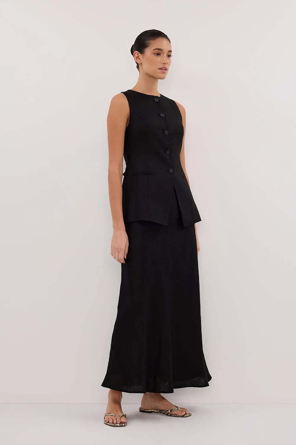 Dissh TYRA BLACK LINEN MIDI SKIRT