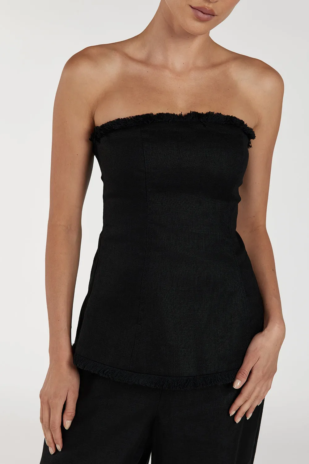 Dissh ZAHARA BLACK LINEN FRINGED TOP