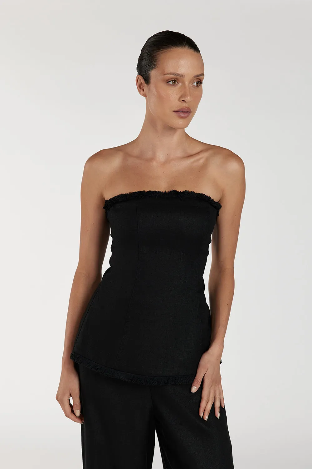 Dissh ZAHARA BLACK LINEN FRINGED TOP