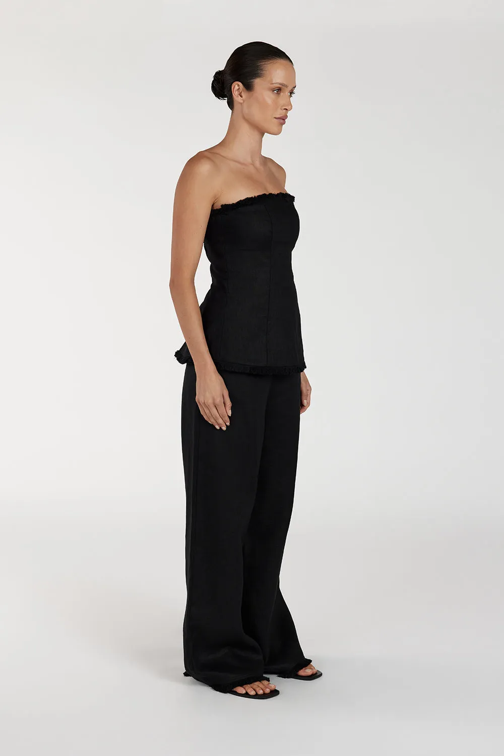 Dissh ZAHARA BLACK LINEN FRINGED TOP