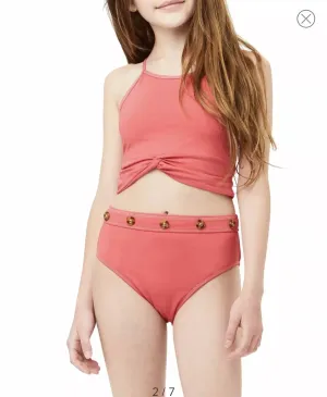 Girl's High Waisted Tankini In Coral