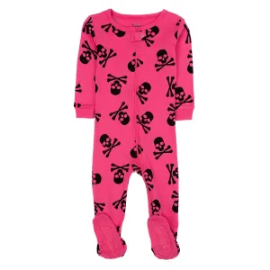 Kids Footed Cotton Pajamas Pink Skulls