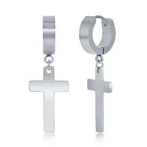 Stainless Steel Cross Charm Polished Huggie Hoop Earrings