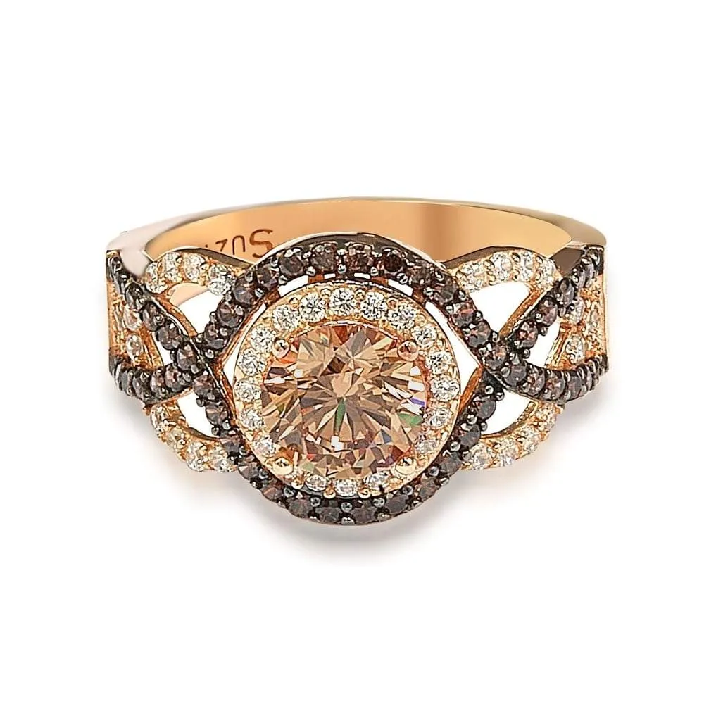 Suzy Levian Rosed Sterling Silver Brown Cubic Zirconia Crossover Bridal Ring - Brown/White