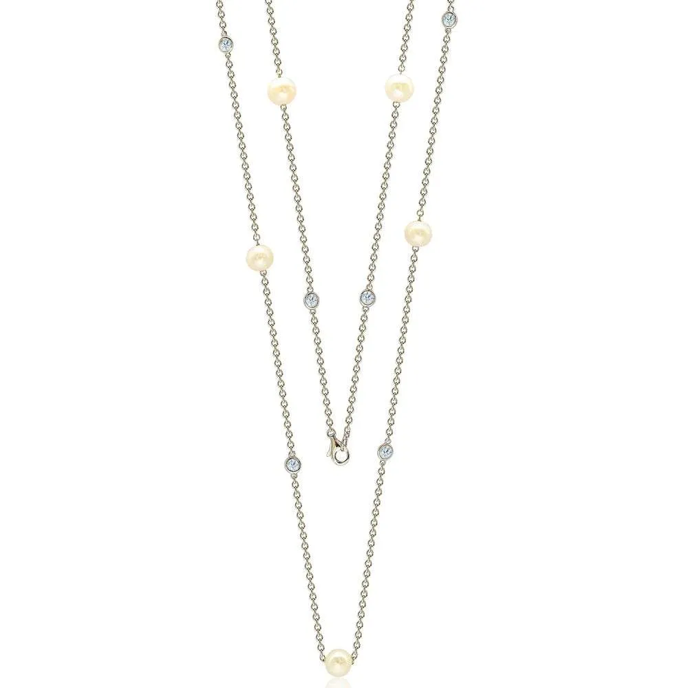 Suzy Levian Sterling Silver White Sapphire and Pearl By-the-Yard 26" Station Necklace