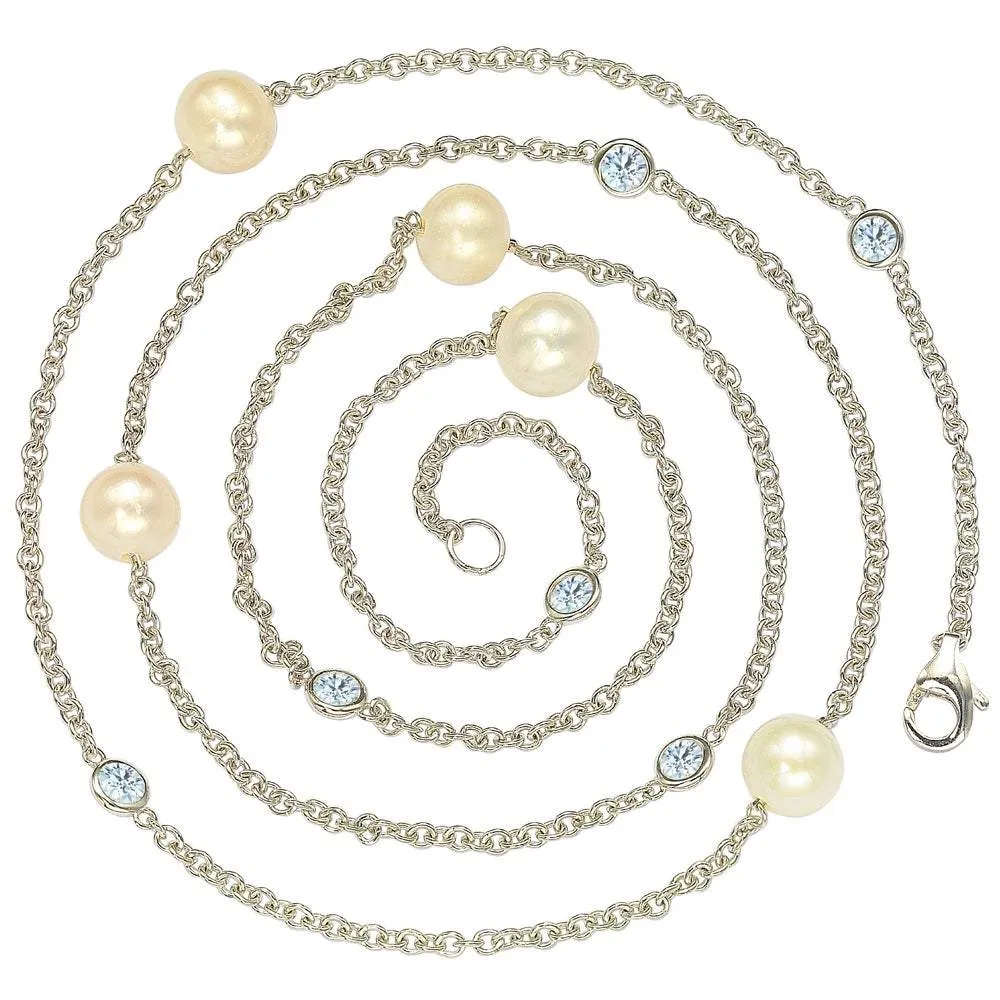 Suzy Levian Sterling Silver White Sapphire and Pearl By-the-Yard 26" Station Necklace